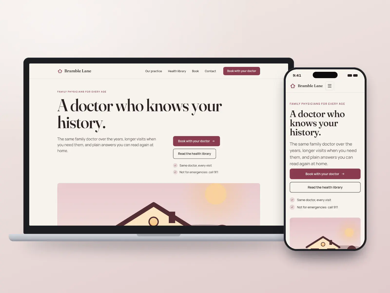 Bramble Lane Family Medicine, a bramble berry and oat editorial family practice website with a large serif headline, a wide drawn brick house practice and a health library, on a laptop and a phone.