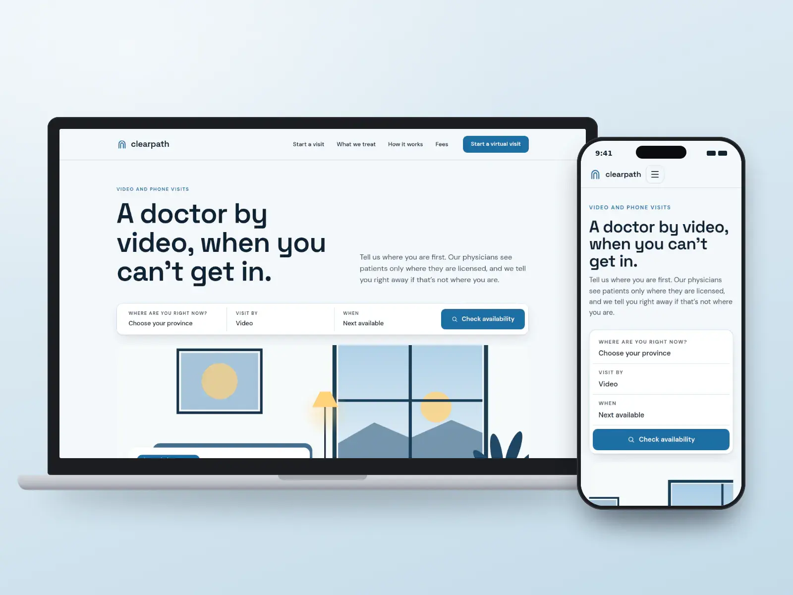 Clearpath Virtual Clinic, a harbour blue virtual clinic website with a location-first visit search bar and a wide drawn desk by a window with a laptop, shown on a laptop and a phone.
