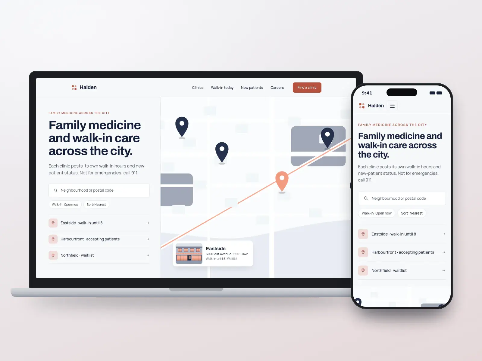 Halden Medical Group, a navy and coral medical group website with a clinic search, new-patient status list and a drawn city map with a clinic card, shown on a laptop and a phone.