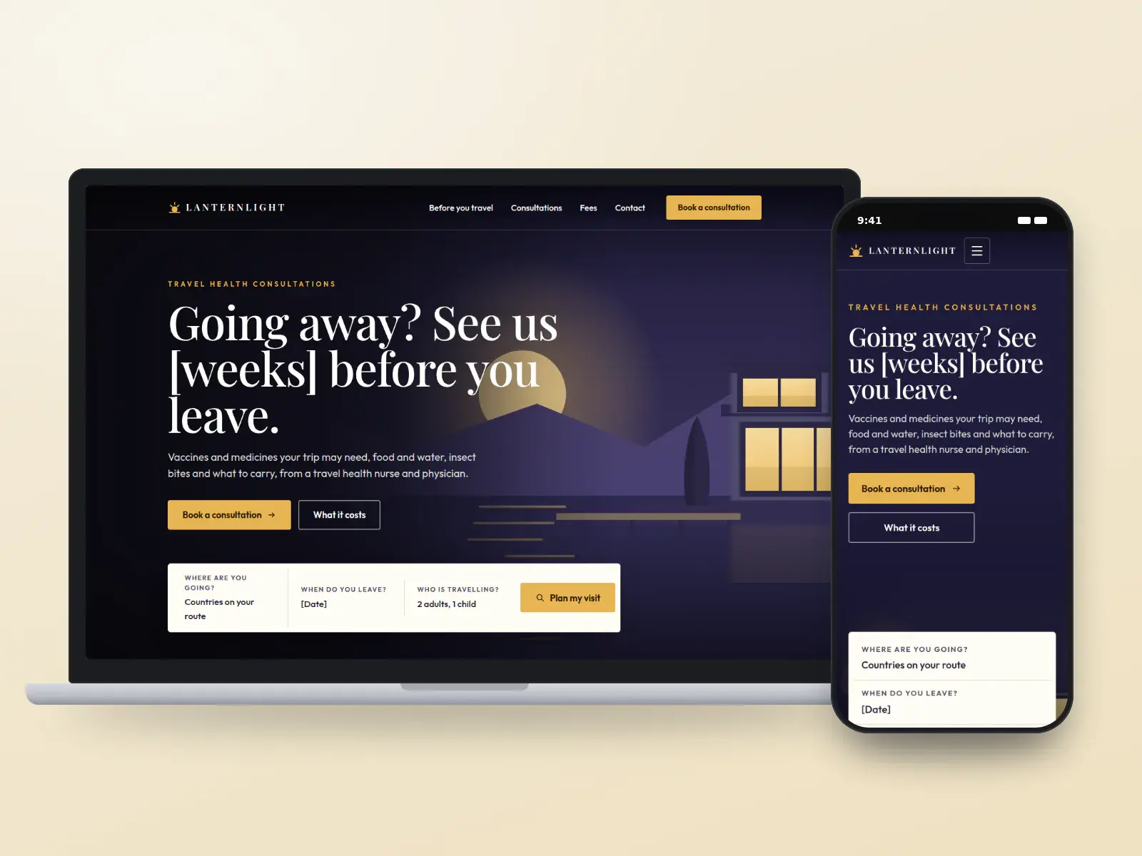 Lanternlight Travel Health, an indigo and lantern gold travel clinic website with a full-width drawn street at night, a serif headline and a trip planner bar, on a laptop and a phone.