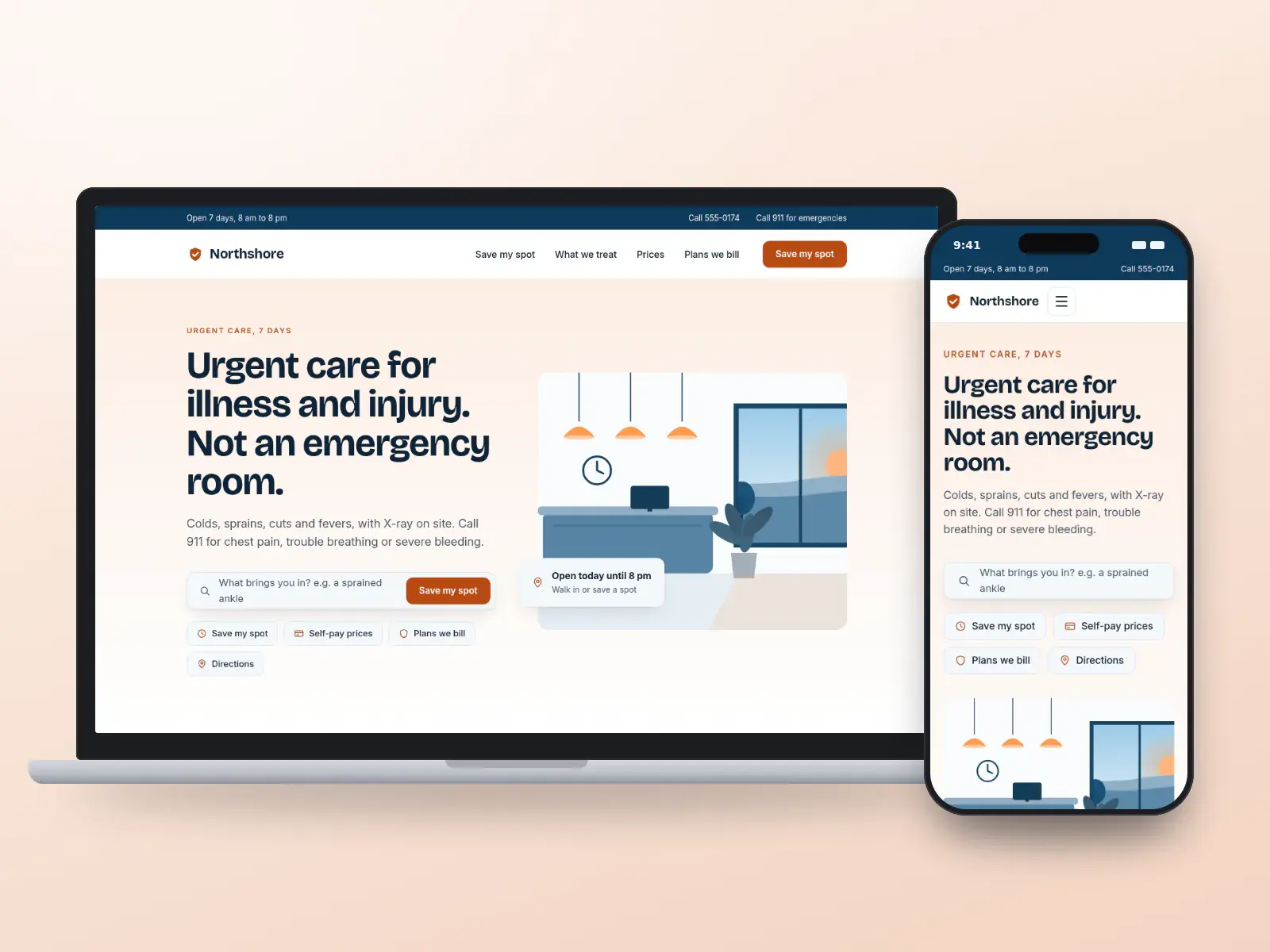 Northshore Urgent Care, a lake blue and orange urgent care website with a “What brings you in?” search, quick links and a drawn single-storey centre with a canopy, on a laptop and a phone.