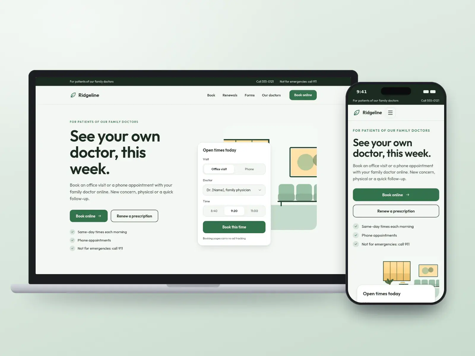 Ridgeline Family Health, a sage and chalk family practice website with an open-times booking card beside a drawn waiting room with planters, shown on a laptop and a phone.