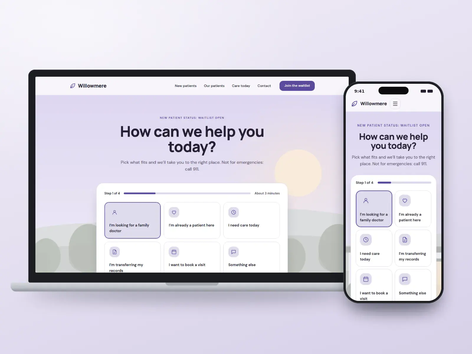 Willowmere Family Practice, a lilac and paper family practice website with a “How can we help you today?” chooser of large tiles over a soft willow garden scene, on a laptop and a phone.