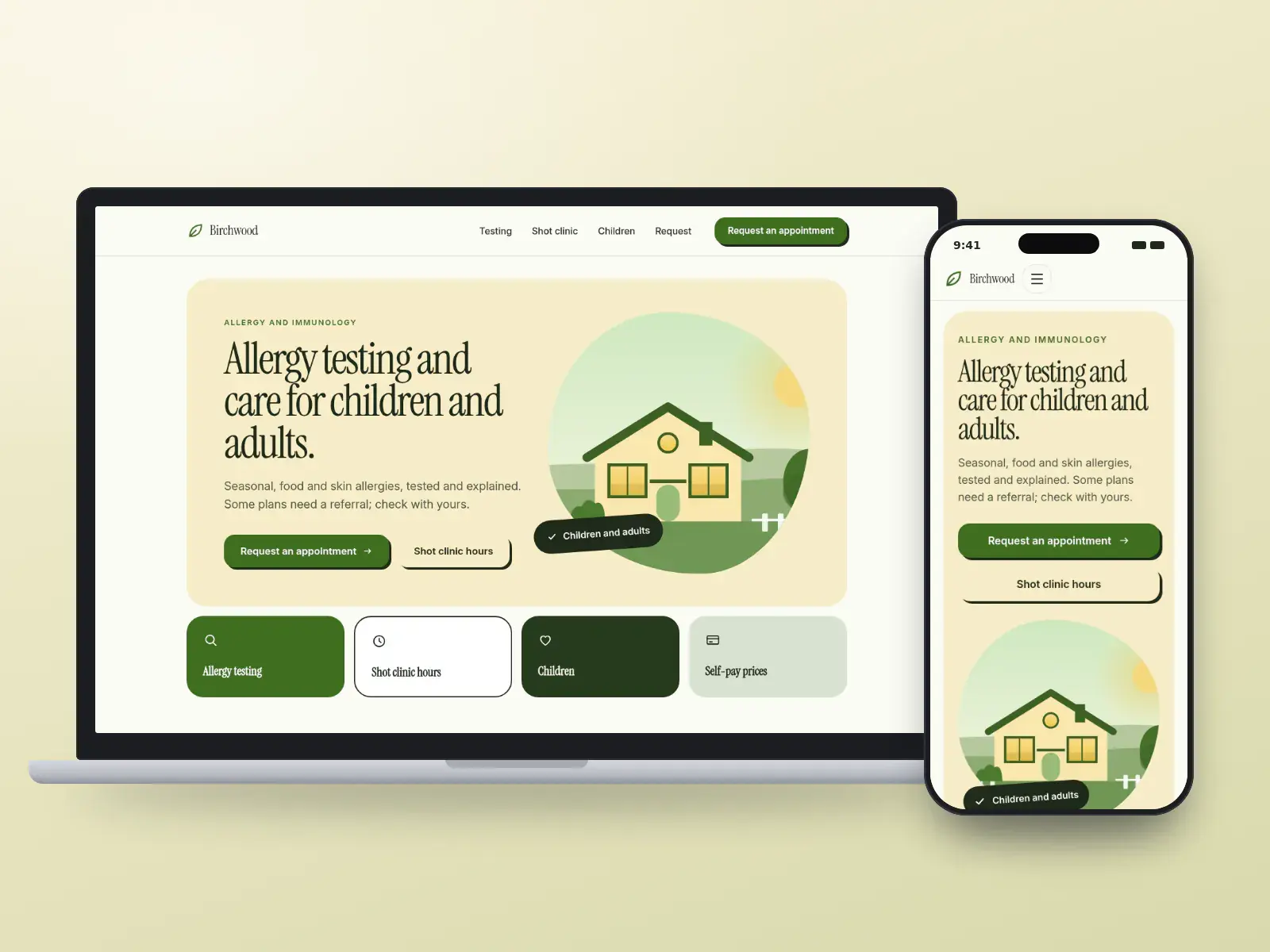 Birchwood Allergy & Immunology, a birch white and leaf green allergy website with oversized serif type, a rounded drawn home in spring and colourful service tiles, on a laptop and a phone.