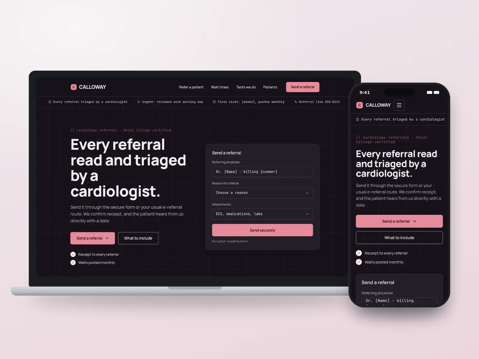 Calloway Heart Clinic, an oxblood and ink cardiology referral website with a ticker of triage facts, a send-a-referral panel and a drawn clinic at night, on a laptop and a phone.