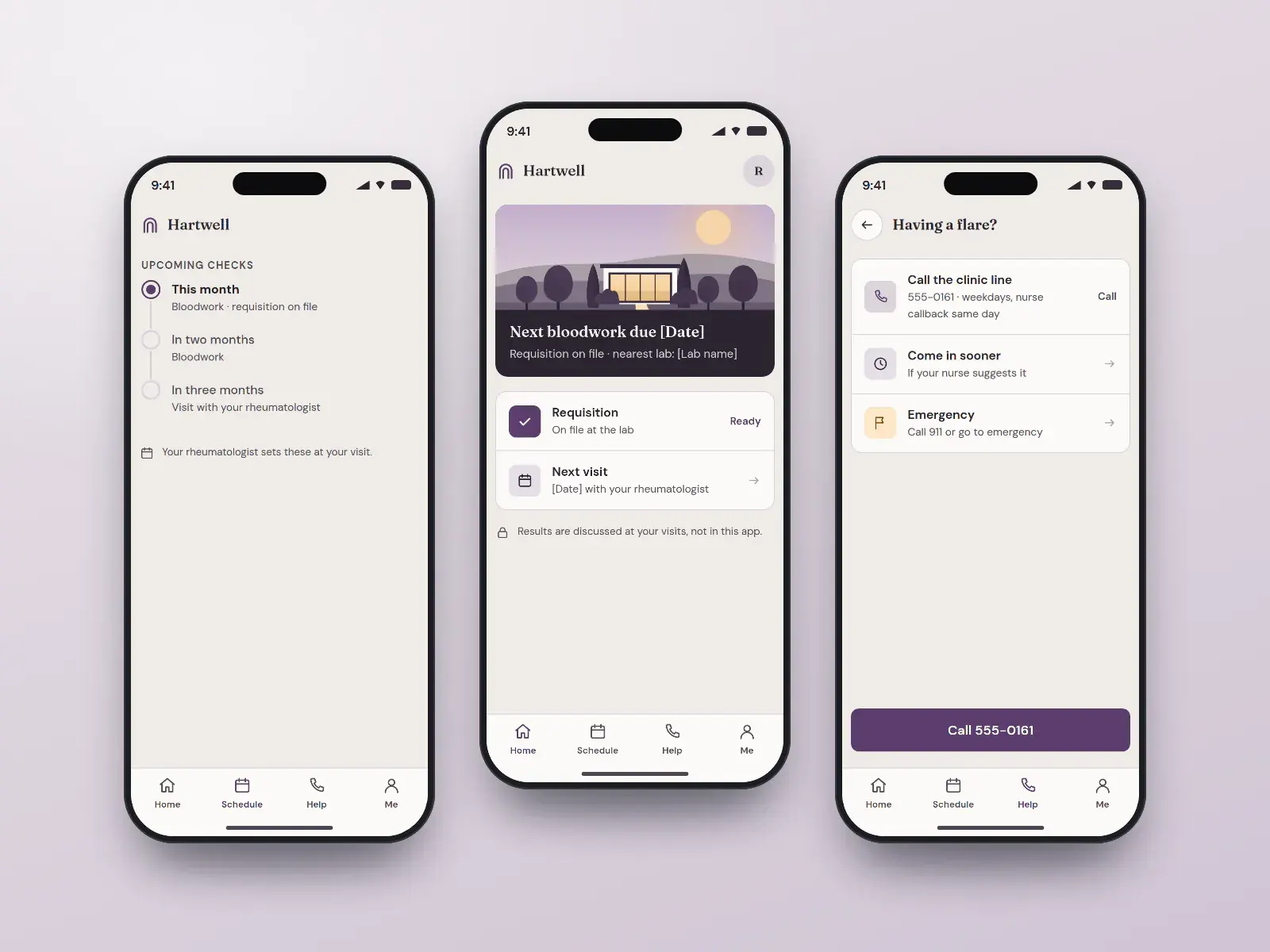 Hartwell monitoring app, three heather and stone phone screens: next bloodwork due with the requisition on file, the monitoring schedule by month, and a having-a-flare help page.