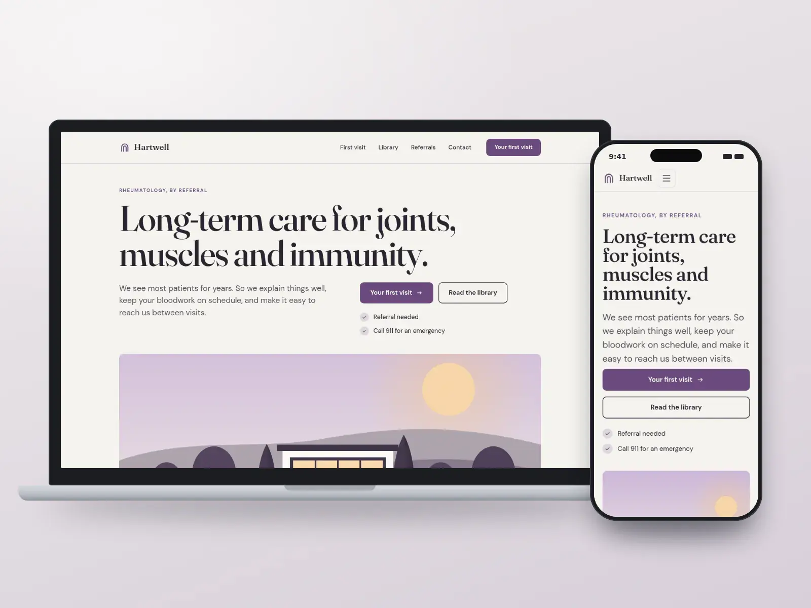 Hartwell Rheumatology, a heather and stone editorial rheumatology website with a large serif headline, a wide drawn garden path with a bench and a patient library, on a laptop and a phone.