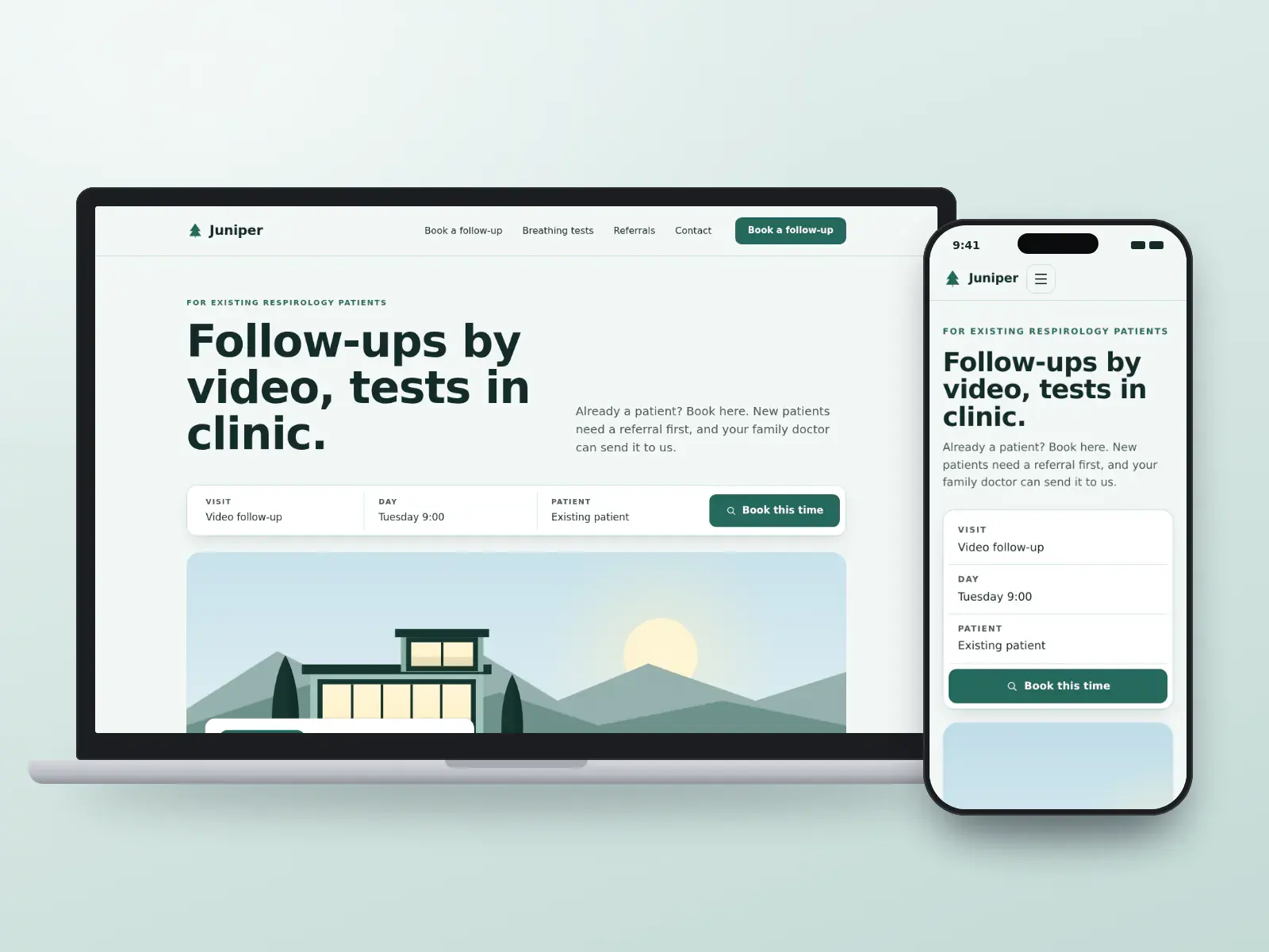 Juniper Respiratory Clinic, a juniper green and frost respirology website with a follow-up booking bar and a wide drawn lakeside ridge in clear winter air, on a laptop and a phone.