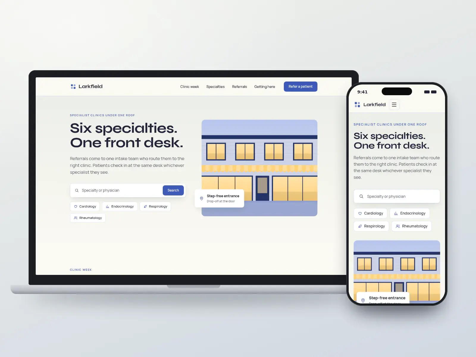 Larkfield Specialty Centre, a larkspur blue and cream multi-specialty website with a specialty search, quick links by clinic day and a drawn centre with a drop-off loop, on a laptop and a phone.