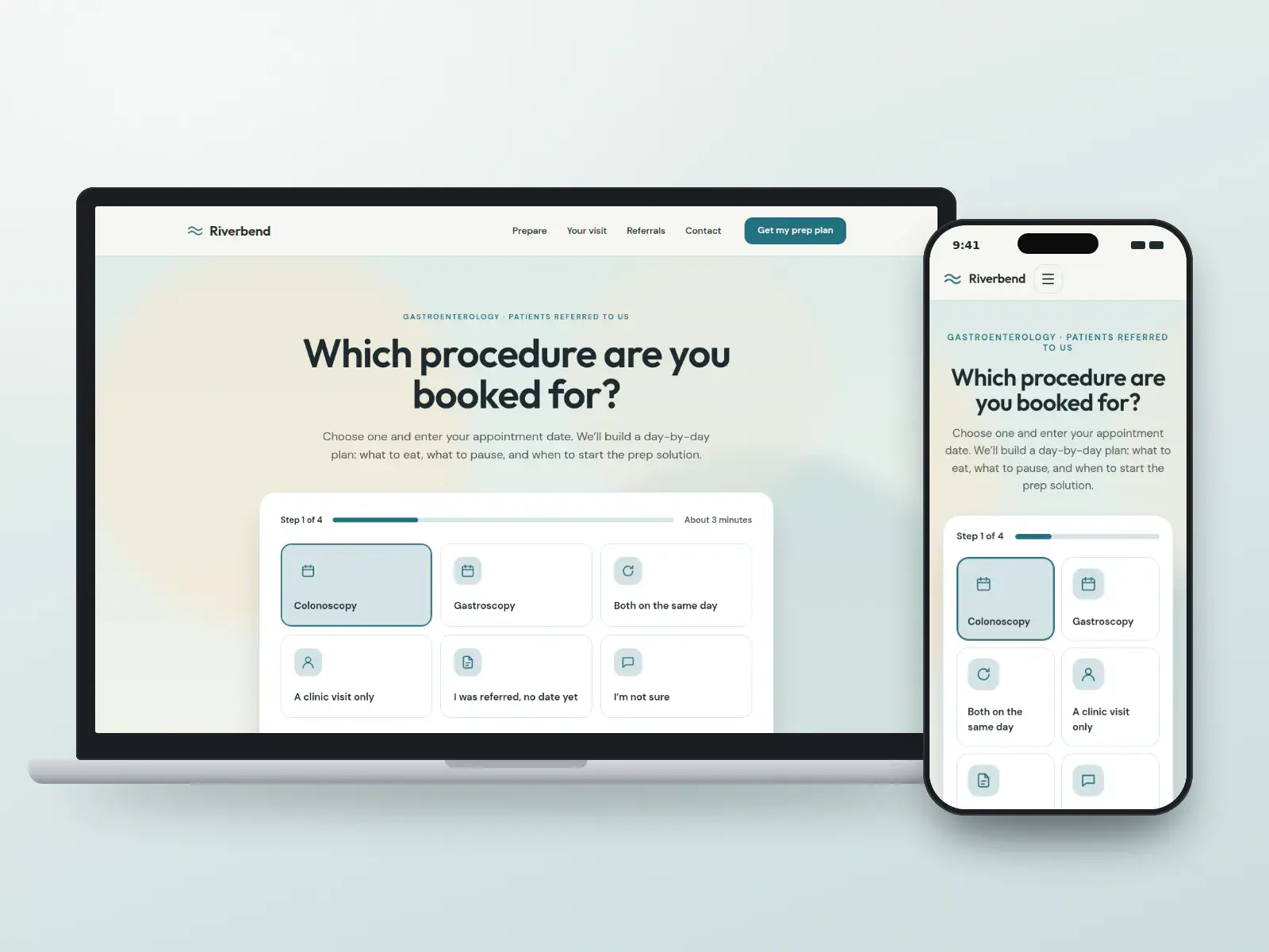Riverbend Digestive Health, a river teal and sand gastroenterology website with a “Which procedure are you booked for?” chooser of large tiles over a soft riverside wash, on a laptop and a phone.