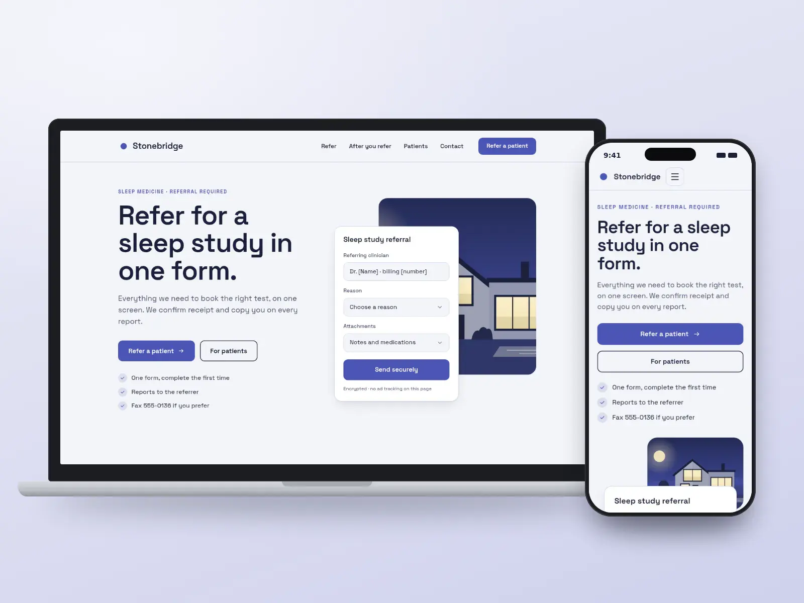 Stonebridge Sleep Clinic, a midnight indigo sleep clinic website with a referral card beside a drawn house at night with a lit window and moon, shown on a laptop and a phone.