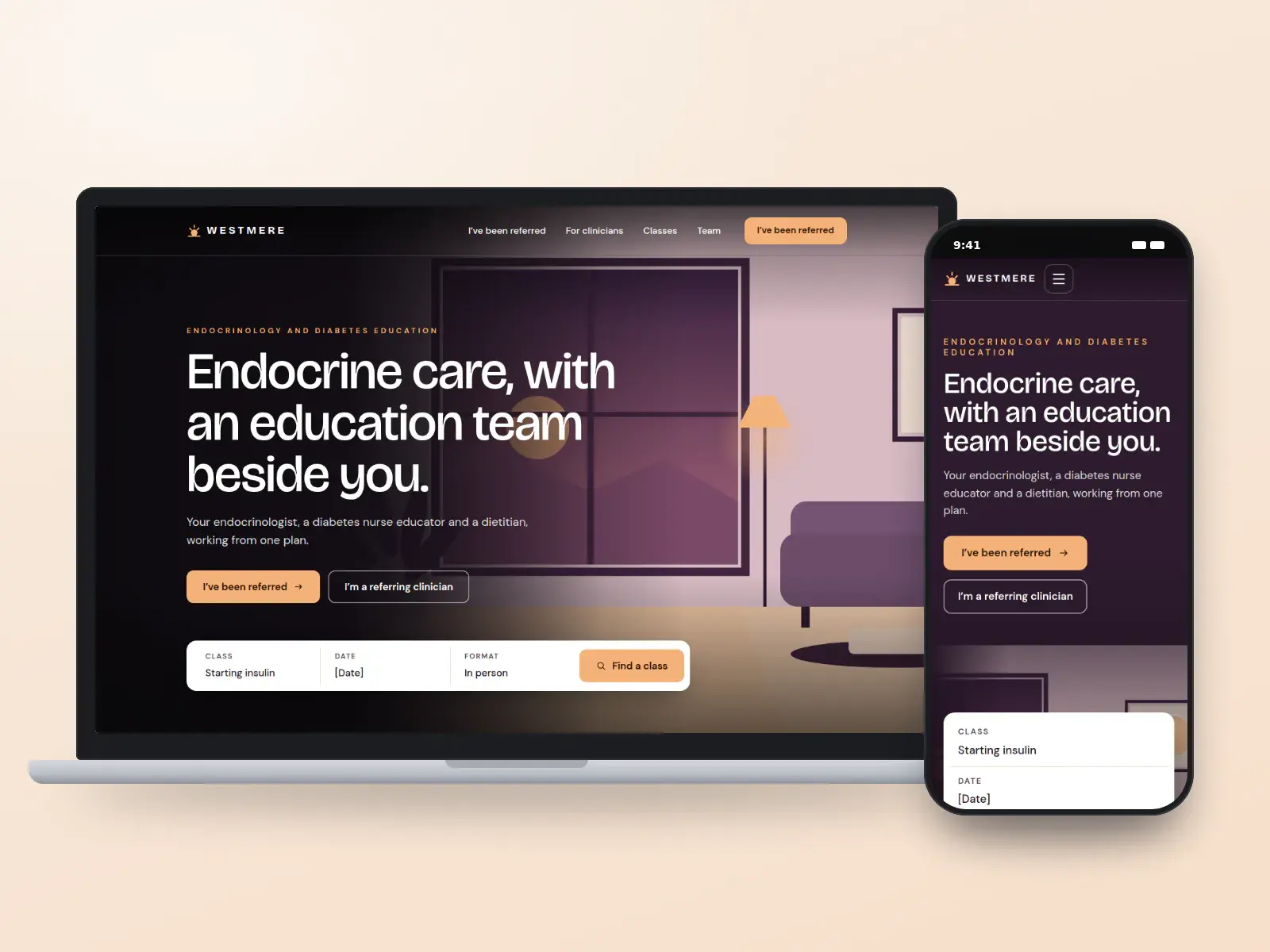 Westmere Endocrinology, a deep plum and apricot endocrinology website with a full-width drawn interior at dusk, a bold headline and a class search bar, shown on a laptop and a phone.