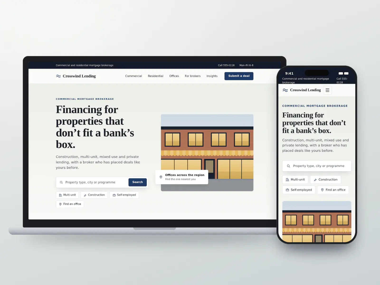 Crosswind Lending, a navy and brass commercial mortgage brokerage website with a deal search, quick links and an illustration of a main-street building, shown on a laptop and a phone.