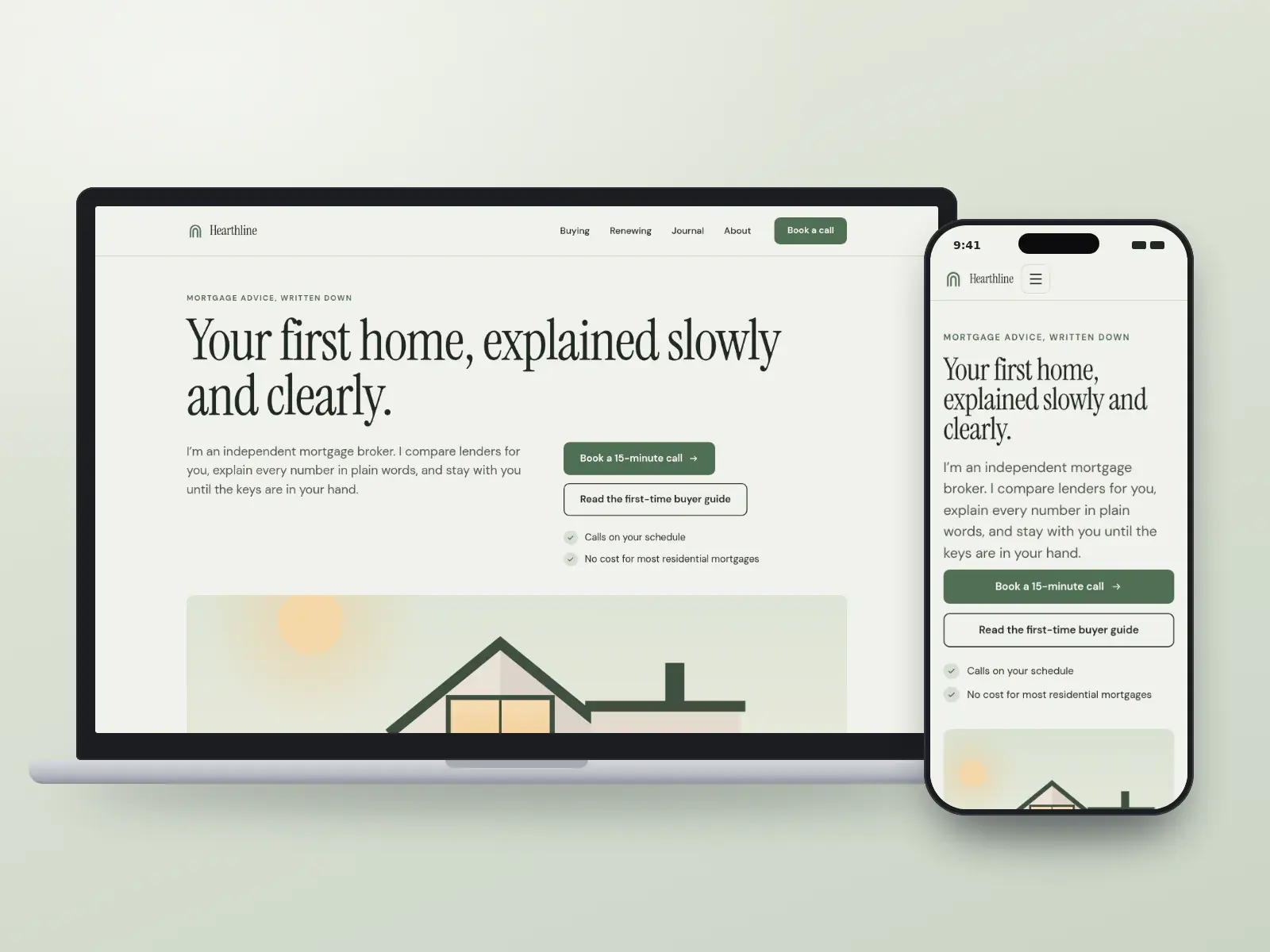 Hearthline, a sage green editorial mortgage broker website with a large serif headline and a wide illustration of a modern farmhouse, shown on a laptop and a phone.