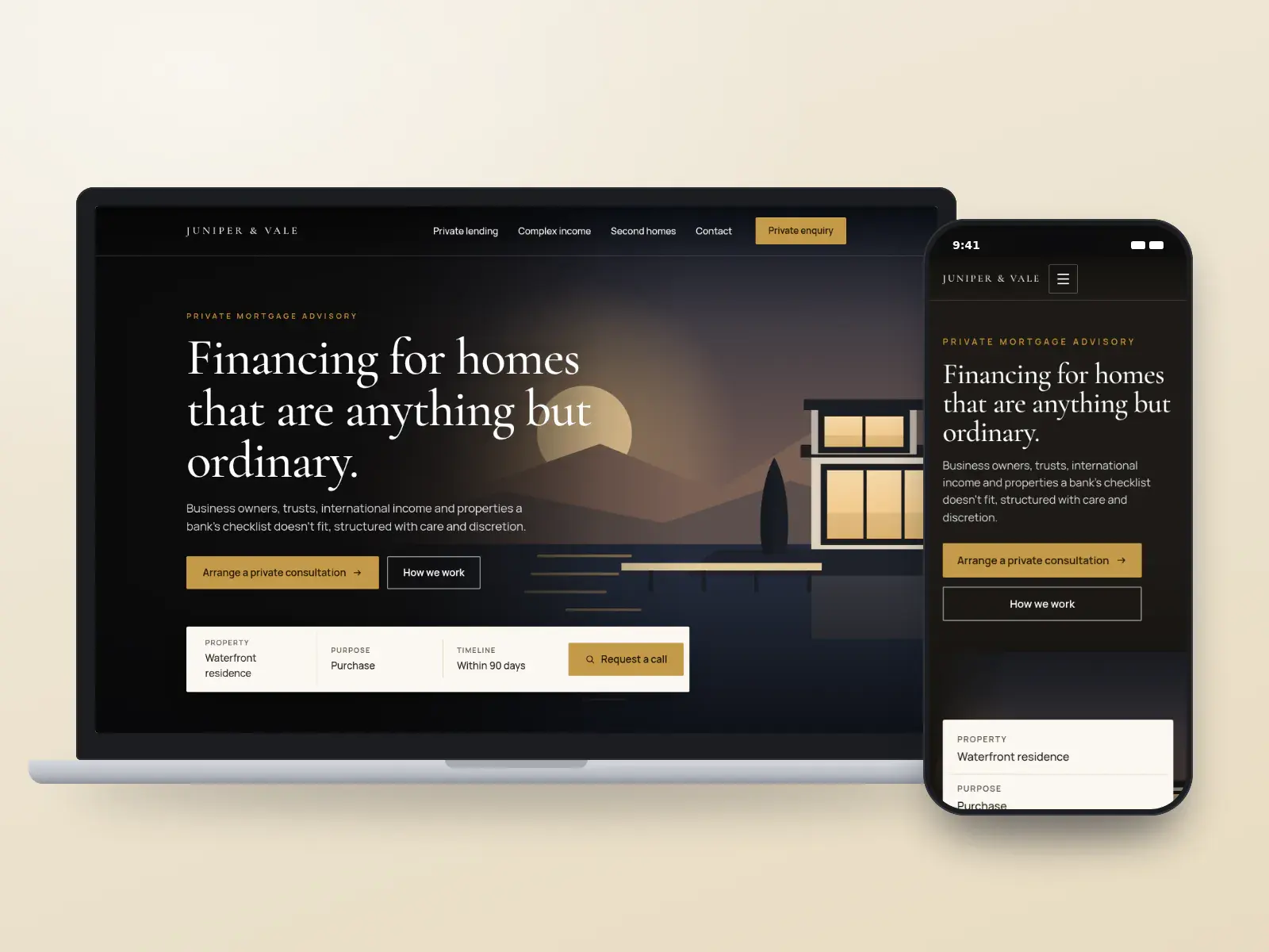Juniper & Vale, a luxury mortgage advisory website with a full-width dusk illustration of a lake house, serif headline and brass accents, shown on a laptop and a phone.