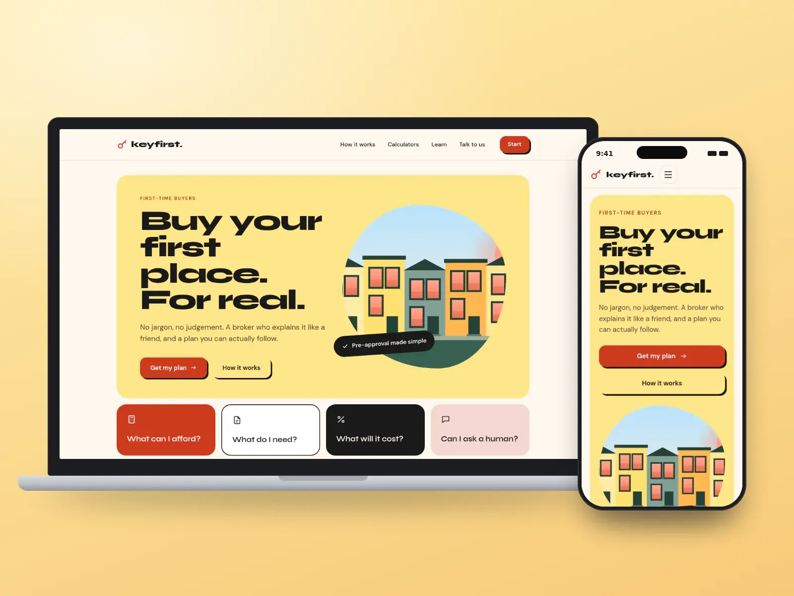 keyfirst., a bold coral and yellow first-time buyer mortgage website with oversized type, a rounded illustration of townhouses and colourful tiles, shown on a laptop and a phone.