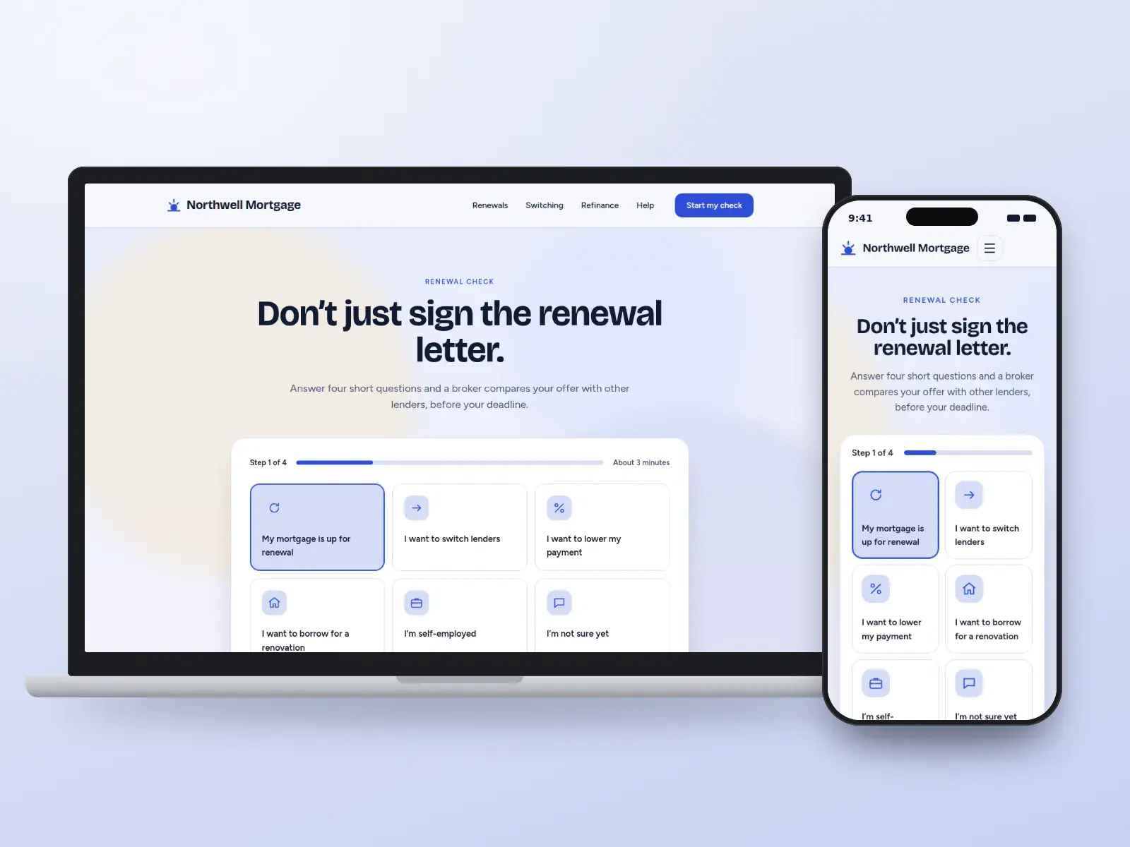 Northwell Mortgage, a cobalt and white renewal-check website with a step-by-step chooser card over a soft gradient, shown on a laptop and a phone.
