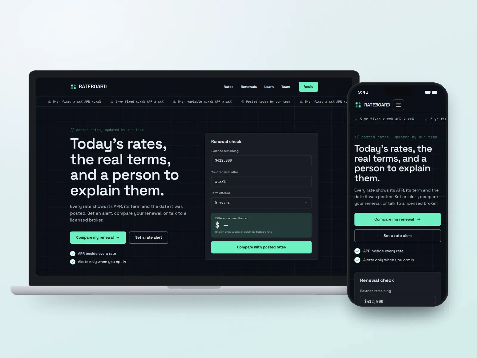 Rateboard, a dark mortgage brokerage website with mint figures, a posted-rate panel and a grid background, shown on a laptop and a phone.