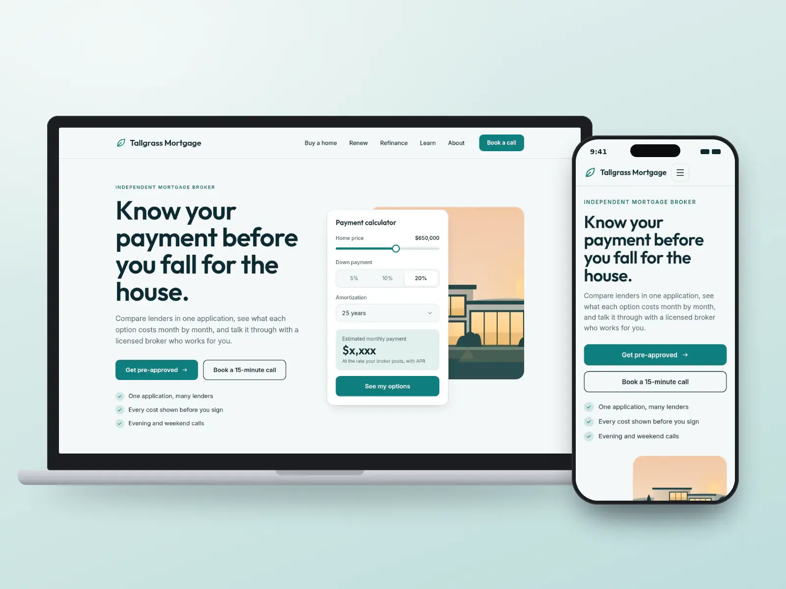 Tallgrass Mortgage, a teal and white mortgage broker website shown on a laptop and a phone, with a payment calculator beside a dusk illustration of a modern house.