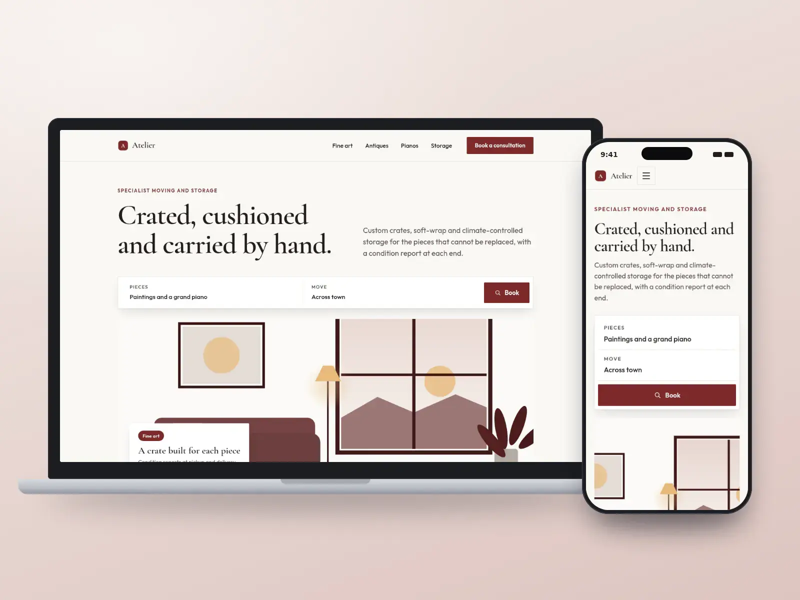 Atelier Fine Moving, a gallery white and oxblood fine art moving website on a laptop and a phone, with a serif headline, a consultation bar and a large drawn interior with framed art.
