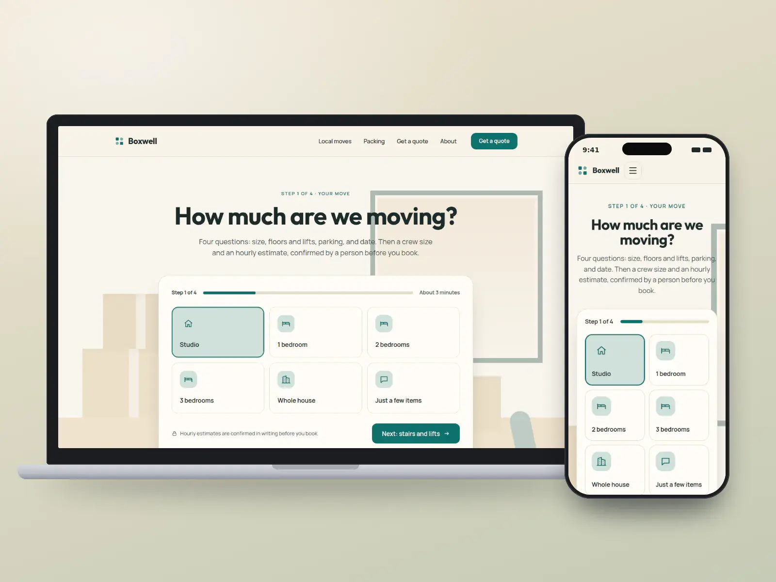 Boxwell Moving, a kraft and teal local moving website on a laptop and a phone, with a step-by-step quote asking how much you are moving, from studio to whole house, over stacked boxes.