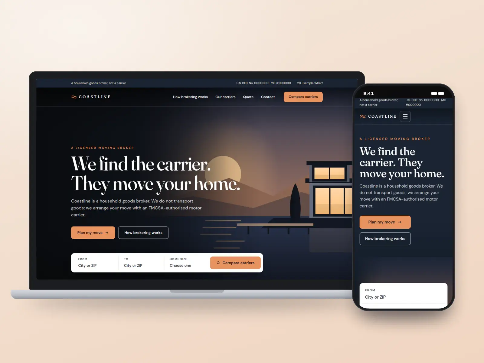 Coastline Move Planners, a dusk and sand moving broker website on a laptop and a phone, with a full-bleed harbour at dusk, a broker statement in the hero and a long-distance move planner bar.