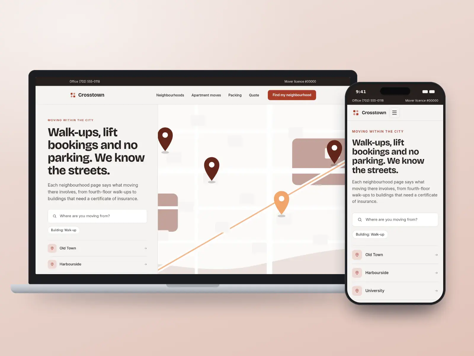 Crosstown Movers, a brick and fog city moving website on a laptop and a phone, with a neighbourhood search, a list of city areas and a map card for a walk-up townhouse move.