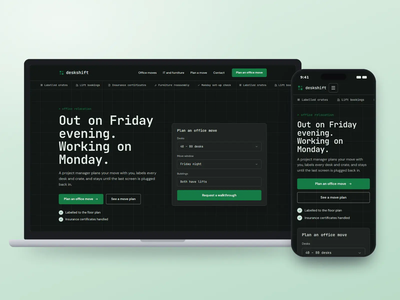 Deskshift Office Moves, a carbon and signal green office moving website on a laptop and a phone, with an office move planning form, office towers and a week-by-week move timetable.