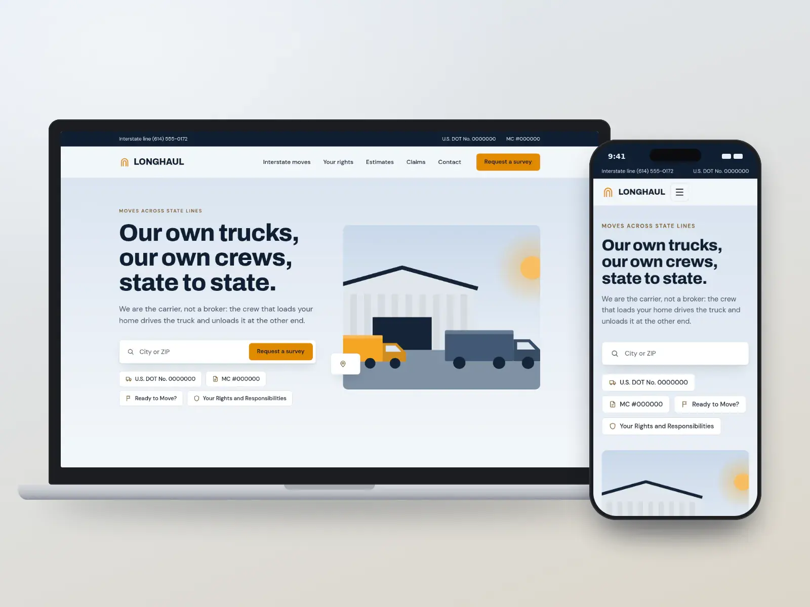 Longhaul Line, a highway blue and amber interstate moving website on a laptop and a phone, with USDOT and MC badges, an in-home survey request and a moving truck fleet.