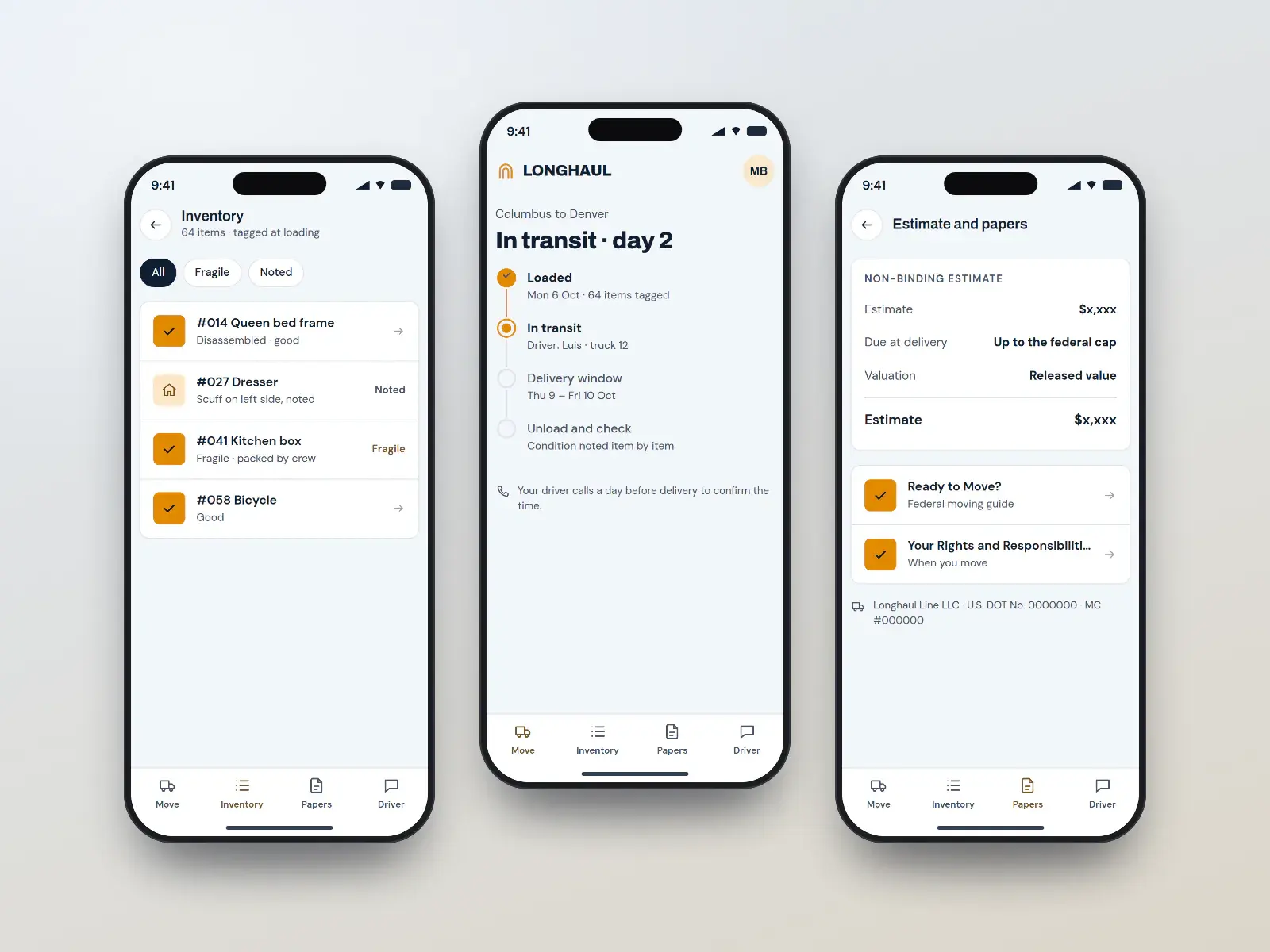 Longhaul move-day tracker, three blue and amber phone screens: a move timeline from loading to delivery window, a tagged inventory list with condition notes, and the estimate with the USDOT line.