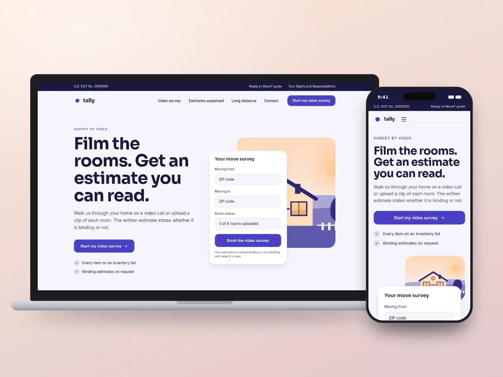 Tally Movers, an indigo and apricot moving website on a laptop and a phone, with a video survey form for the move dates and addresses beside a family home illustration.