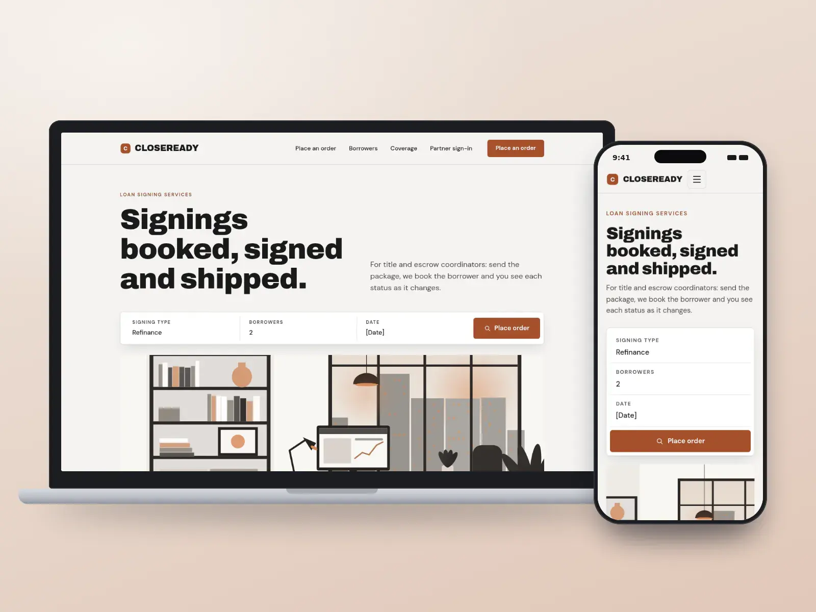 Closeready Signings, a charcoal and copper loan signing website with a partner order bar over a wide office illustration and an order status table, on a laptop and a phone.