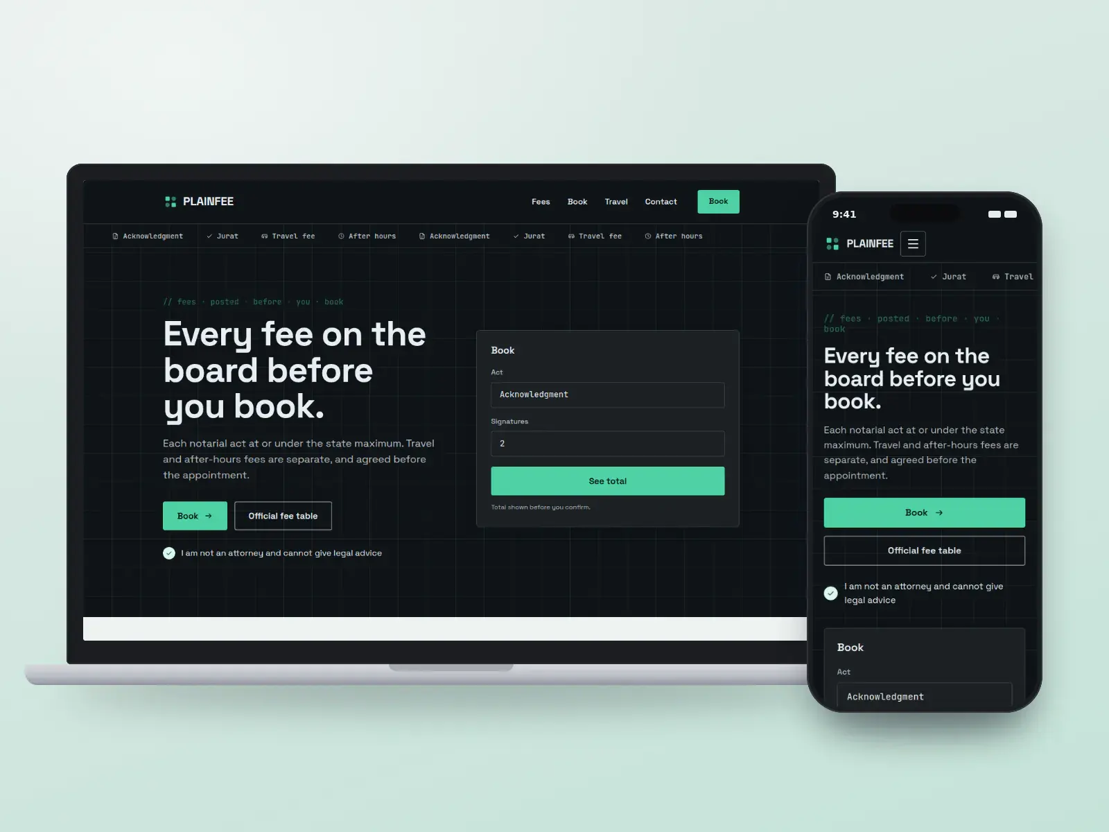 Plainfee Notary, a night board and mint notary website with a fee ticker, a departures-board style fee table and a booking panel, on a laptop and a phone.