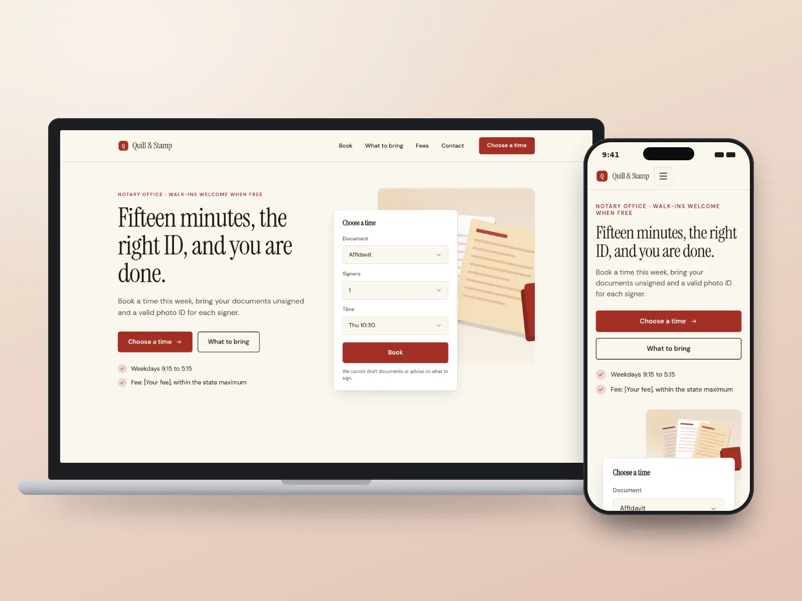 Quill & Stamp, a wax red and cream notary office website with a serif headline, an appointment picker for this week and a drawn desk of papers and pens, on a laptop and a phone.