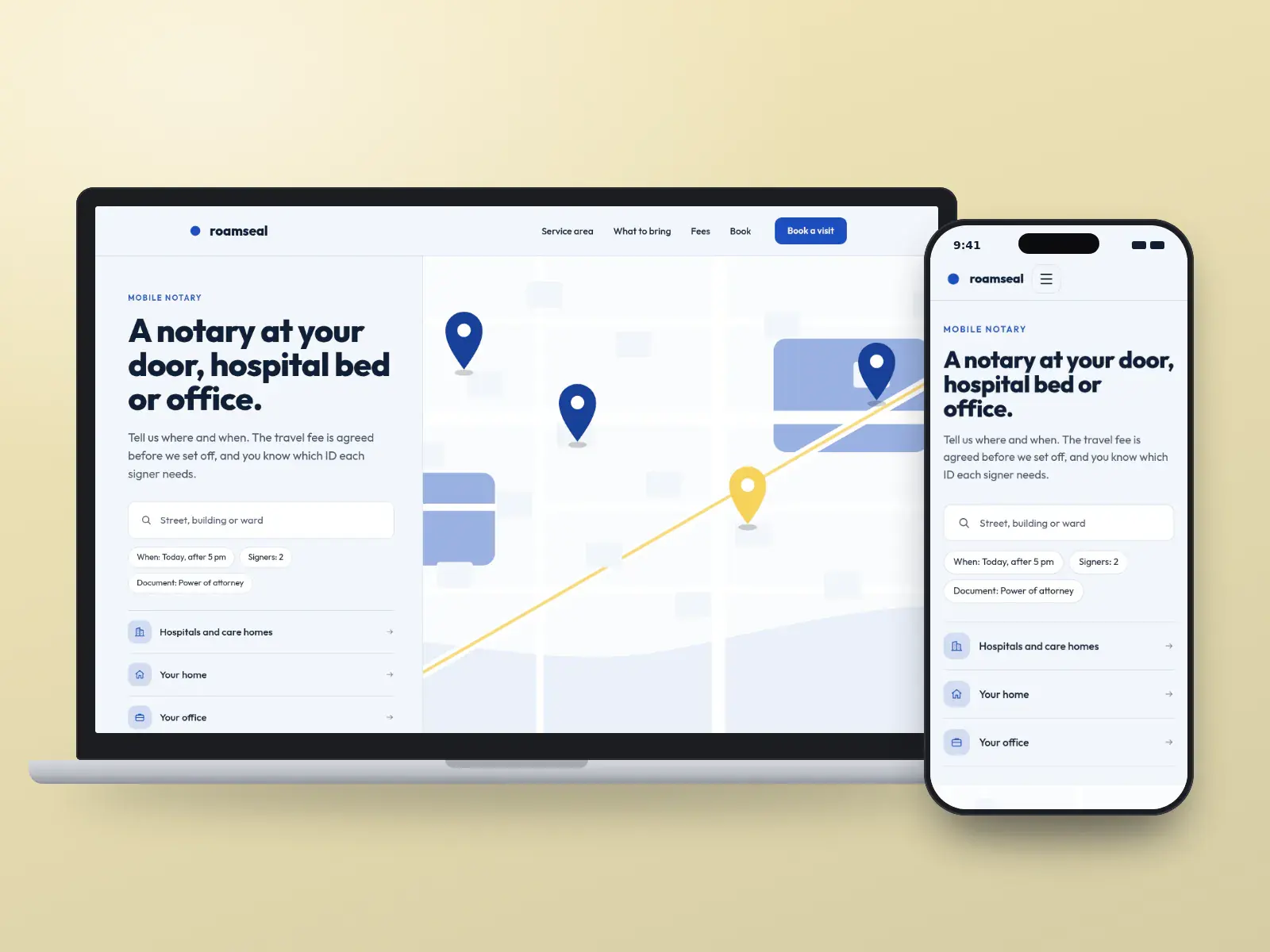 Roamseal Mobile Notary, a route blue and signal yellow mobile notary website with a booking panel beside a drawn metro map with pins, on a laptop and a phone.