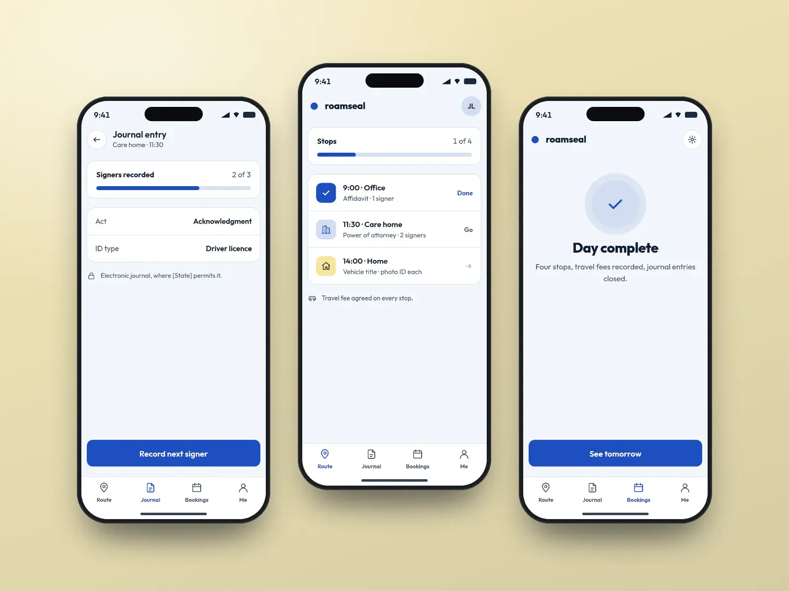 Roamseal route app, three route blue and yellow phone screens: today’s route with four stops, a journal entry at 2 of 3 signers, and a day-complete screen with travel fees recorded.