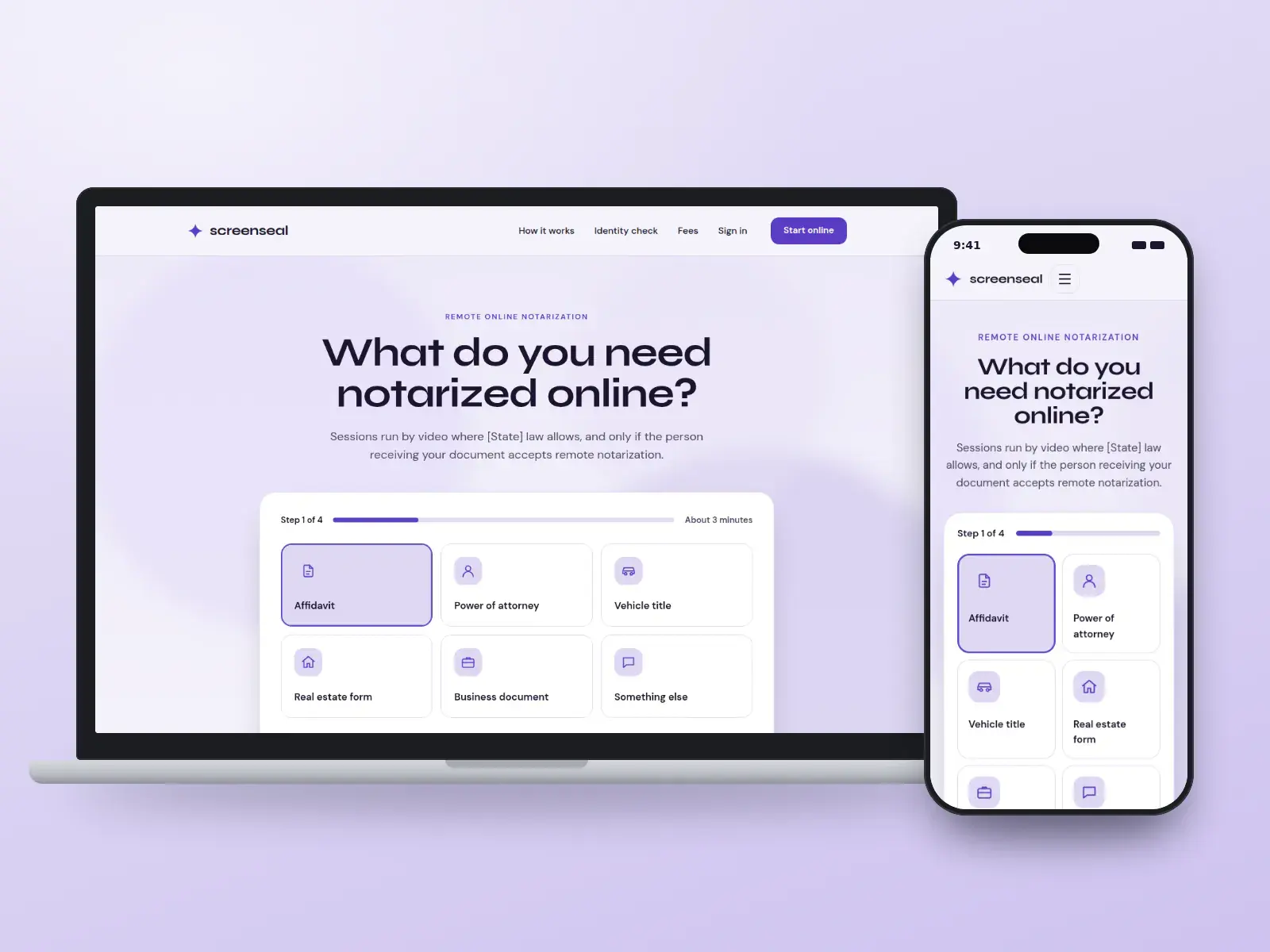 Screenseal, a violet remote online notary website whose homepage is a four-step start with tiles for the kind of document to notarize online, on a laptop and a phone.