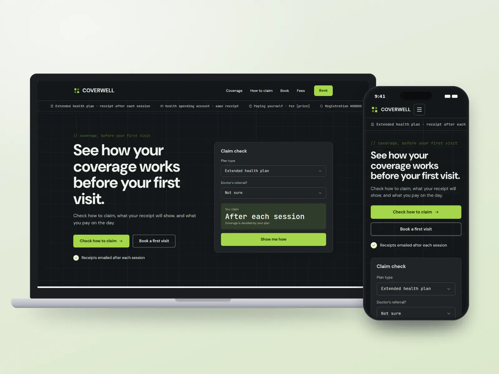 Coverwell Dietitians, an ink and lime dietitian website with a coverage ticker, a claim check panel and a coverage table, shown on a laptop and a phone.