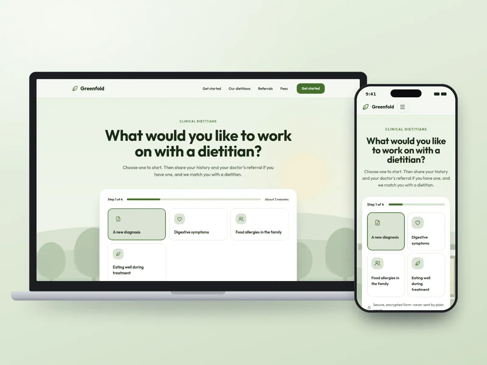 Greenfold Dietitians, a fern and chalk dietitian website with a four-tile question card asking what someone would like to work on, over a soft garden wash, on a laptop and a phone.