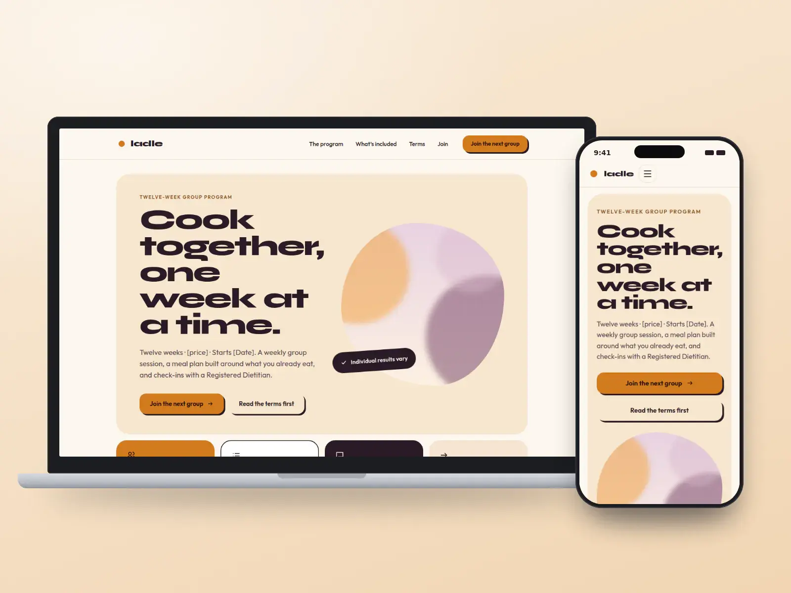 Ladle Nutrition Programs, a squash and plum group nutrition program website with oversized type, a rounded illustration and four bright tiles, shown on a laptop and a phone.