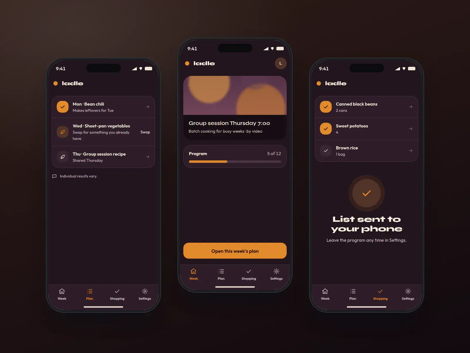 Ladle meal plan app, three dark plum phone screens with squash highlights: this week of the program, a meal plan with swaps, and a shopping list with items ticked off.