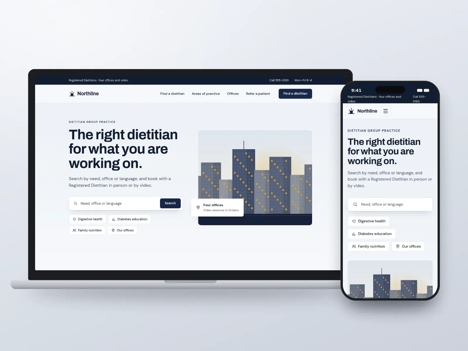 Northline Dietitian Group, a navy and citrus dietitian group website with a search bar, quick links and a city illustration with an office badge, shown on a laptop and a phone.