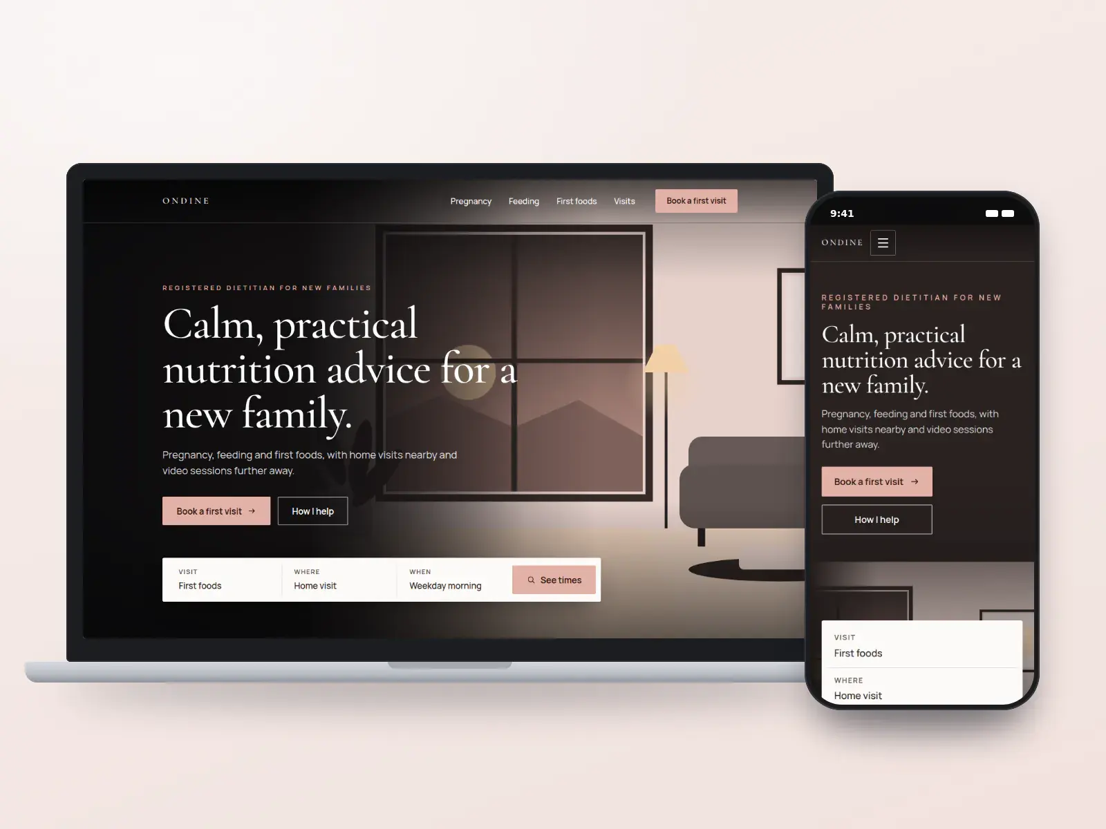 Ondine Nutrition, a blush and stone family nutrition website with a full-width illustration of a calm living room, a serif headline and a booking bar, shown on a laptop and a phone.