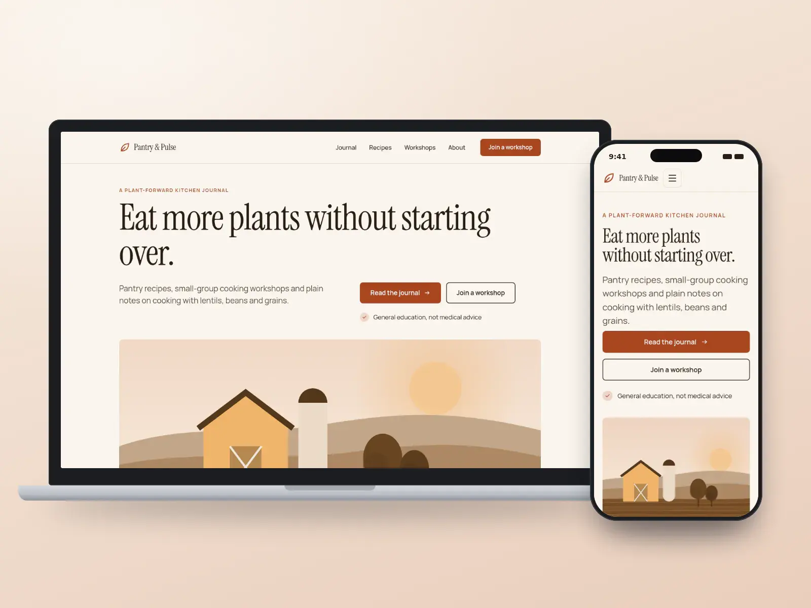 Pantry & Pulse, a paprika and parchment editorial nutrition website with a large serif headline, a wide farm-field illustration and a recipe journal, on a laptop and a phone.