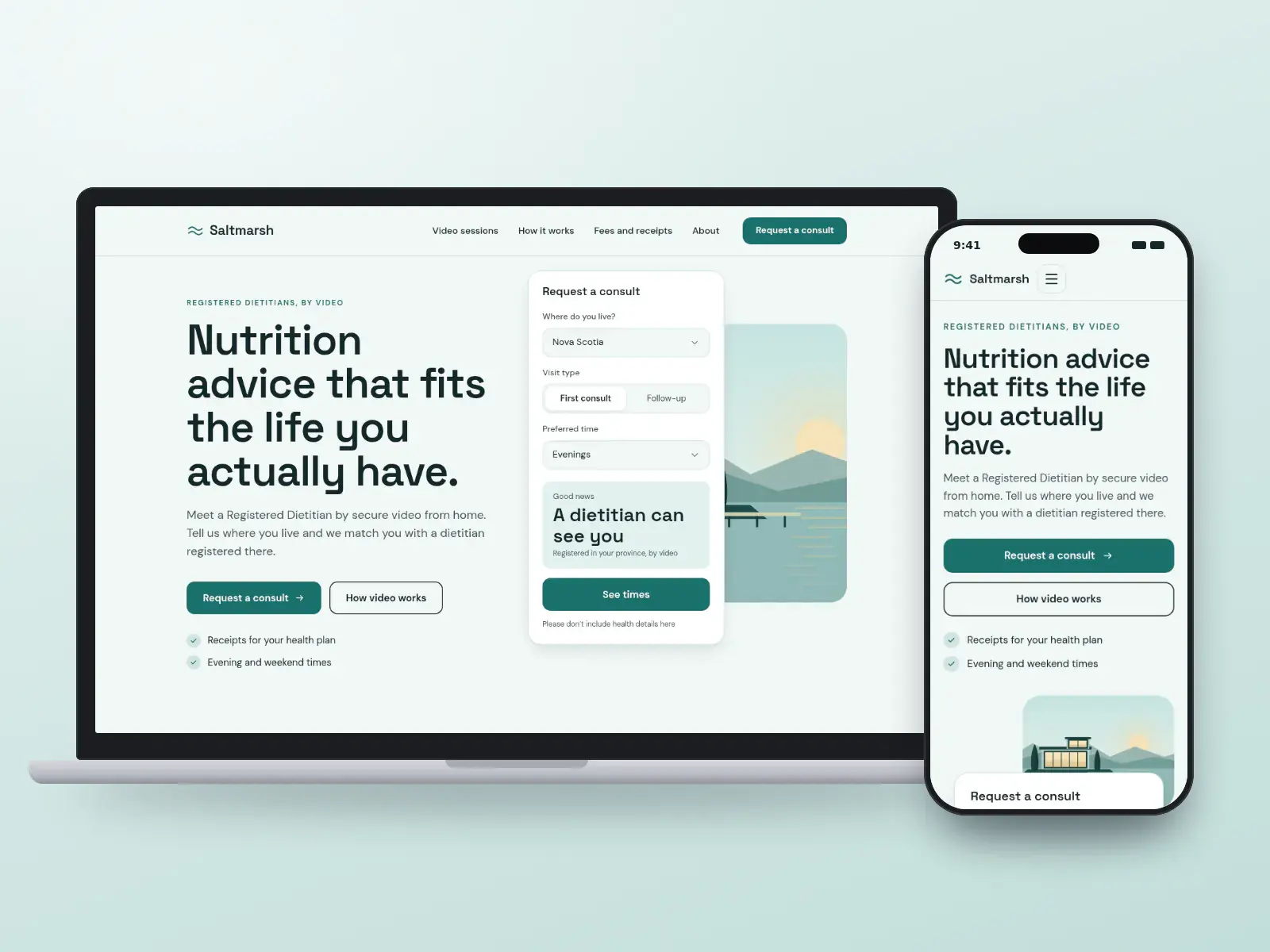 Saltmarsh Nutrition, a sea glass teal dietitian website with a video consult request card beside a coastal marsh illustration, shown on a laptop and a phone.
