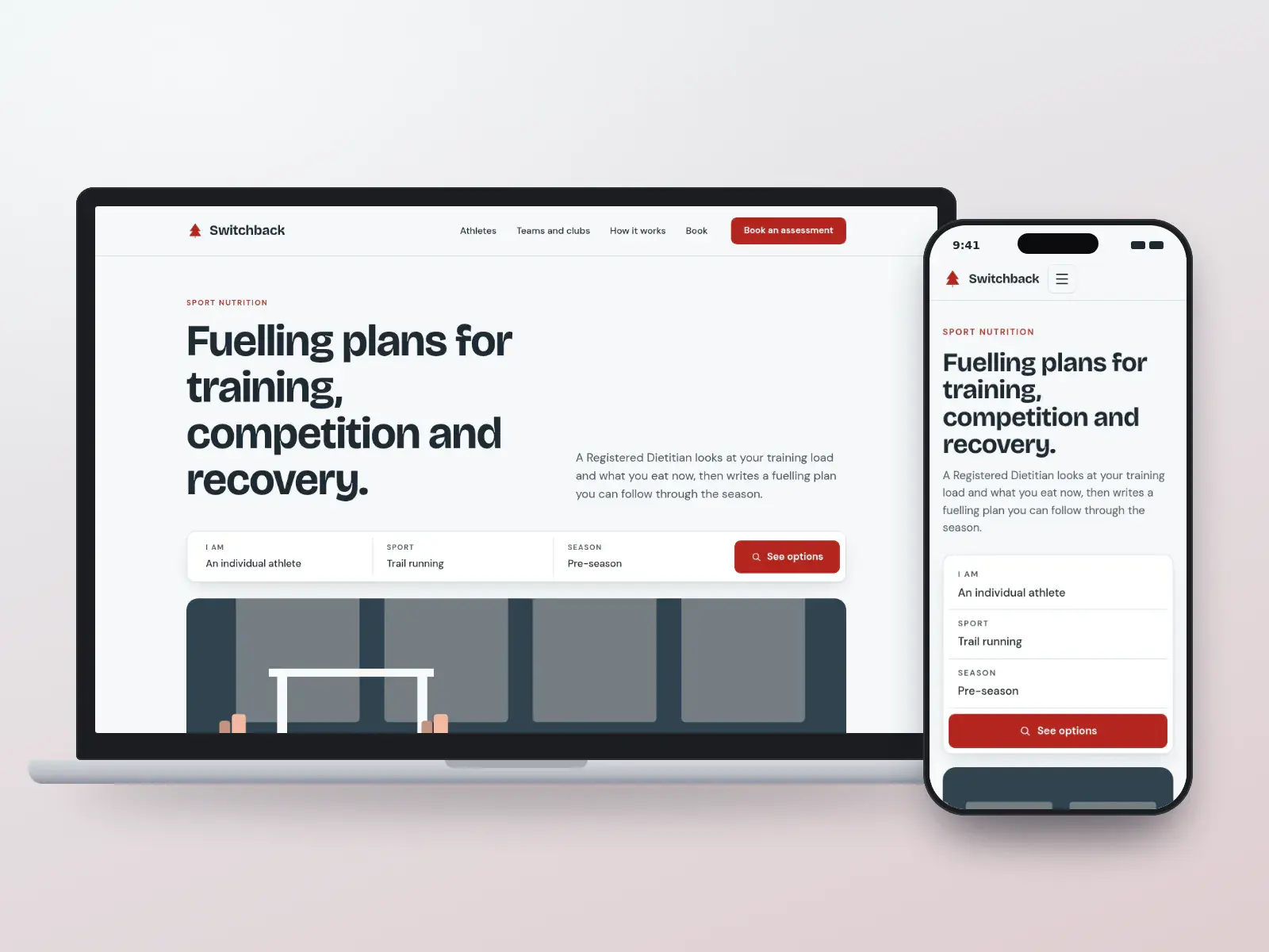 Switchback Sport Nutrition, an alpine red and glacier white sport dietitian website with a plan search bar and a wide illustration of a training room with a rack and kettlebells, on a laptop and a phone.