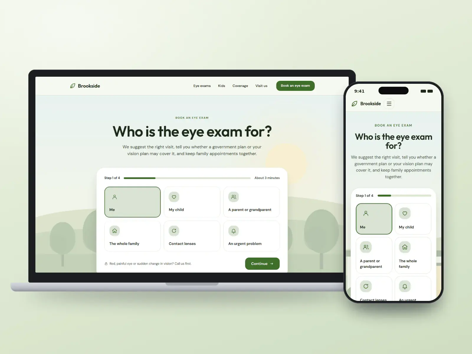 Brookside Family Eye Care, a meadow green and sun family eye care website whose homepage asks who the eye exam is for with large tiles and a progress bar, on a laptop and a phone.
