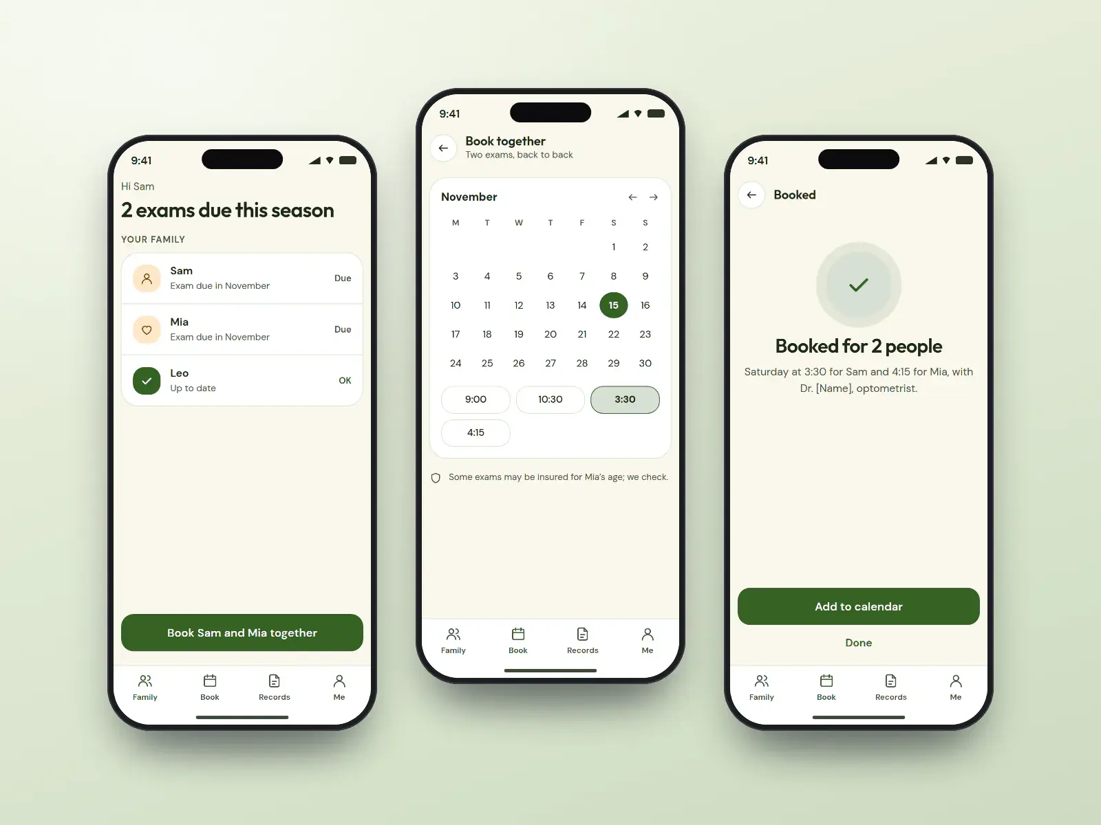 Brookside family recall app, three meadow green phone screens: a family list with exams due, a calendar booking two back-to-back exams, and a booked-for-two confirmation.
