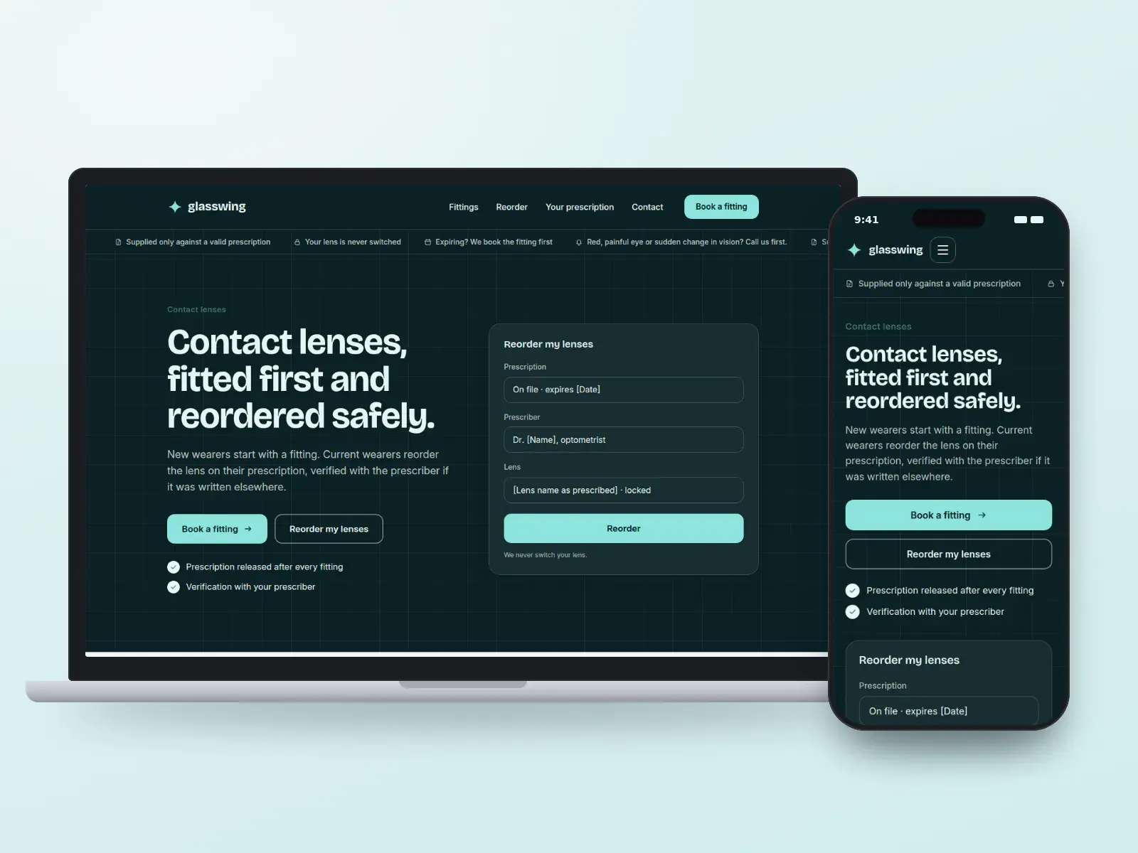 Glasswing Contact Lens Centre, a deep teal and aqua contact lens clinic website with a lens reorder panel beside the headline and a soft illustration, on a laptop and a phone.