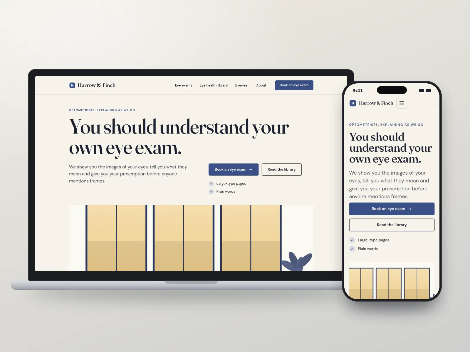 Harrow & Finch Optometry, an ink and linen editorial optometry website with a large serif headline above a wide studio illustration and an eye-health library, on a laptop and a phone.